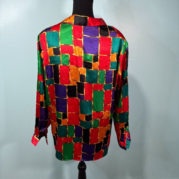 Vintage 80s Notations Geometric Blouse Red Blue Large    Lot J - Picture 2 of 7